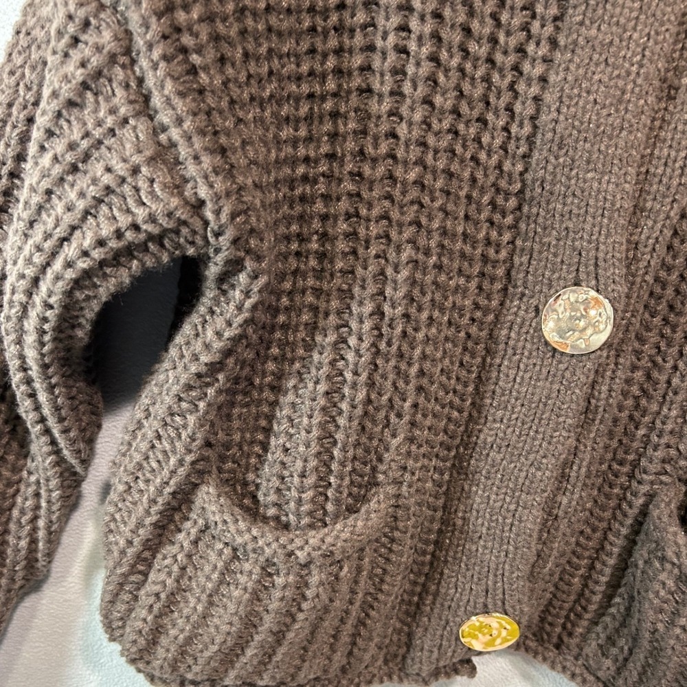 Chunky Waffle knit Boxy Cardigan Women L Brown Button Front Gold Buttons Pockets - Picture 5 of 6